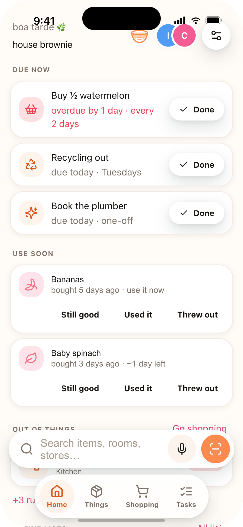 House Brownie home screen: what's due, what's running low, and what's about to spoil